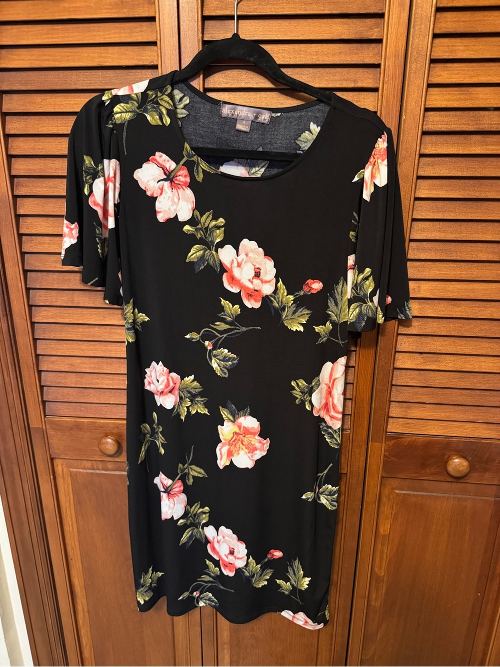 Black Floral Shift Dress with Pink Rose Print